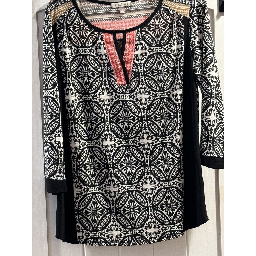 Roz & Ali Womens Black Geometric Pullover Keyhole Neck 3/4 Sleeve Tunic Med
